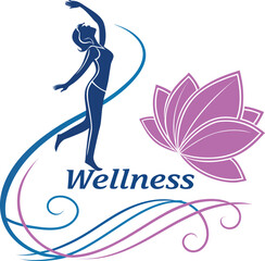 Vector of Elegant silhouette of a woman embracing wellness with lotus flower and swirls.