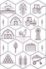 Vector of Farm life icons arranged in a honeycomb pattern with agricultural elements.