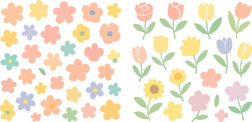 Fototapeta premium Collection of cute minimalist pastel flowers and blossoms.