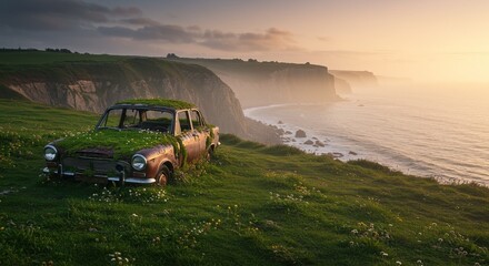 Fototapeta premium Abandoned Car on Coastal Cliff at Sunset A Serene Landscape Photograph