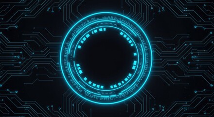 Neon blue circular portal with electronic elements and wires on a futuristic circuit board, glowing sci-fi tech HUD background with text space.
