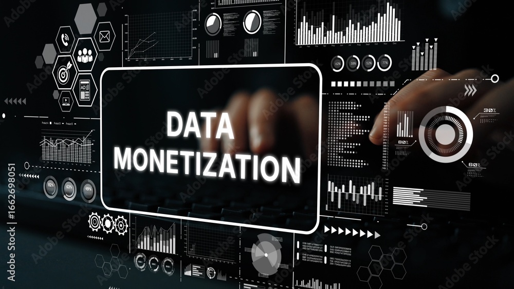 Poster concepts of data monetization with financial graphics and digital displays representing revenue pote