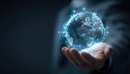 Hand holding a holographic globe with network connections