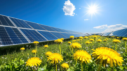 Solar panels in a field of dandelions under a bright sun isolated on transparent background