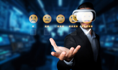A businessman engages with virtual reality technology to collect client feedback and ratings,...