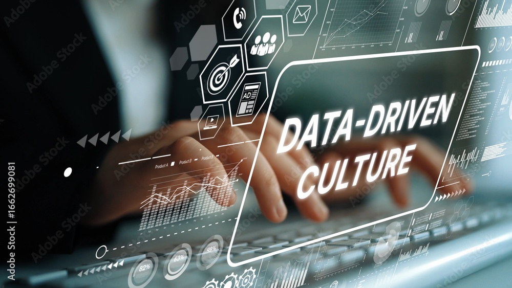 Poster hands typing on keyboard with data-driven culture concept and digital elements representing technolo