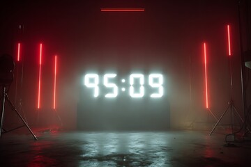 Dramatic neon countdown clock against a red and white illuminated backdrop with fog