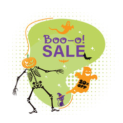 Fototapeta premium Halloween sale design features a skeleton, a pumpkin, ghosts, and festive elements.
