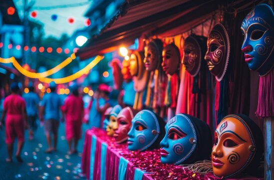 Handcrafted Festival Masks with Parade Bokeh