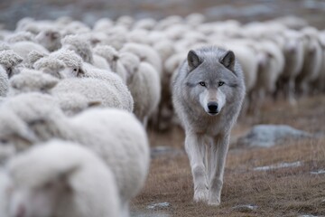 Gray wolf walking through flock of white sheep, direct eye contact creates tension and metaphor of predator among prey