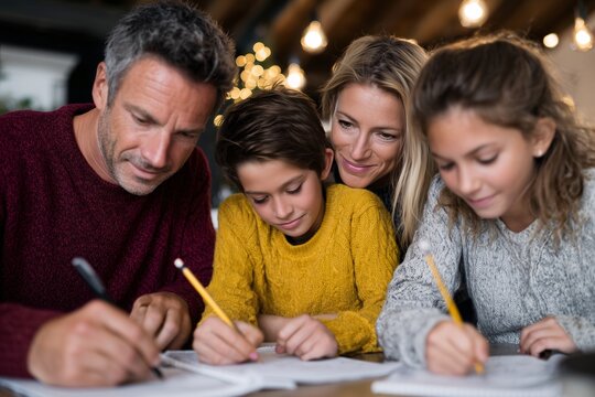 Parents help two children with homework at cozy table, kids writing in notebooks wearing colorful sweaters under warm lights