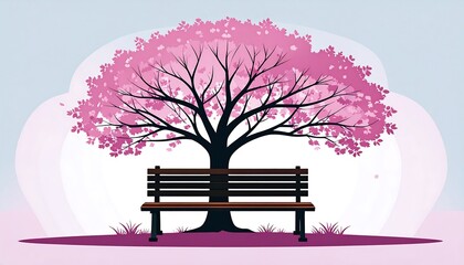A peaceful park scene with a blossoming cherry tree and bench