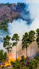 Wildfire engulfing hillside, smoke rising