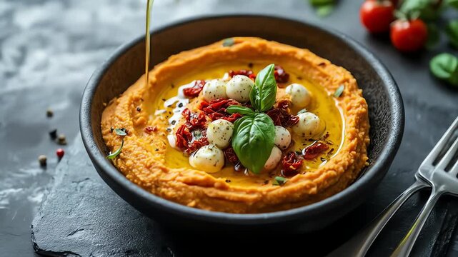Hummus with mozzarella balls sundried tomatoes basil and olive oil