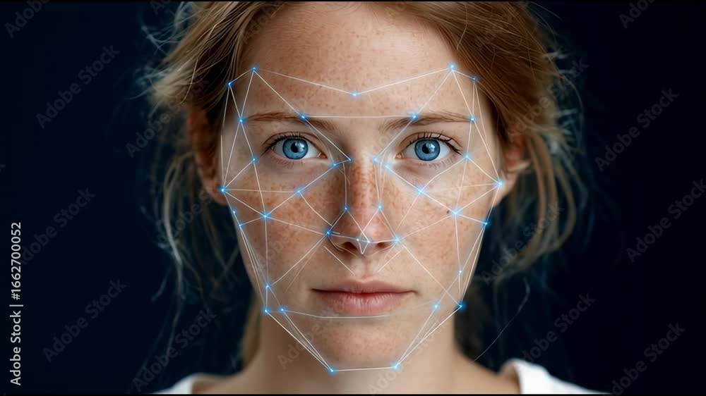Aufkleber facial recognition technology scanning human face closed eyes freckles digital blue points lines map