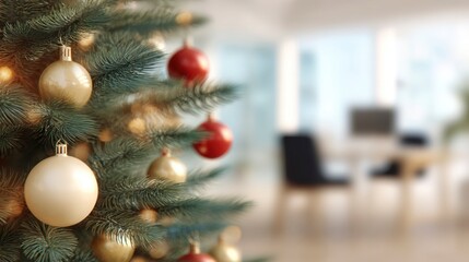 Decorated Christmas tree with ornaments shining in an office interior during the holiday season