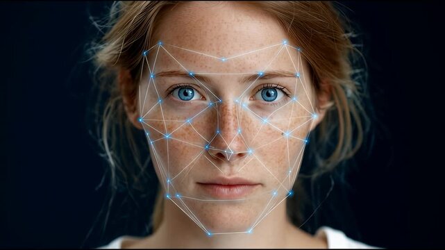 Facial recognition technology scanning human face closed eyes freckles digital blue points lines mapping features biometric identification network connection data security artificial intelligence