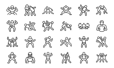 Fitness and Workout Line Icons Set Exercise, Gym Training, Weightlifting, Yoga, Martial Arts, Boxing, Running, Swimming, Sports and Healthy Lifestyle Vector Illustrations