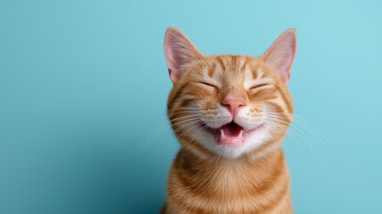 Adorable orange tabby cat with eyes closed and mouth open, appearing to laugh or smile on a light blue background.