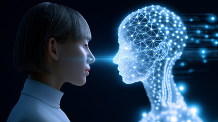 Futuristic image of a woman facing a glowing digital human head made of light points, symbolizing AI interaction.