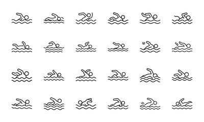 Fitness and Workout Line Icons Set Exercise, Gym Training, Weightlifting, Yoga, Martial Arts, Boxing, Running, Swimming, Sports and Healthy Lifestyle Vector Illustrations