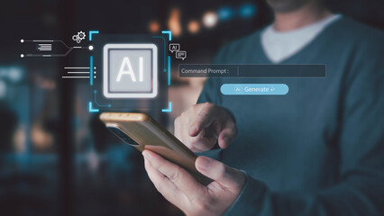 A man uses his smartphone to interact with a generative AI. He types a command prompt on a futuristic interface to generate content, showcasing modern technology and machine learning concepts.