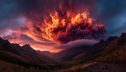Fiery cloud erupts over mountain valley at sunset