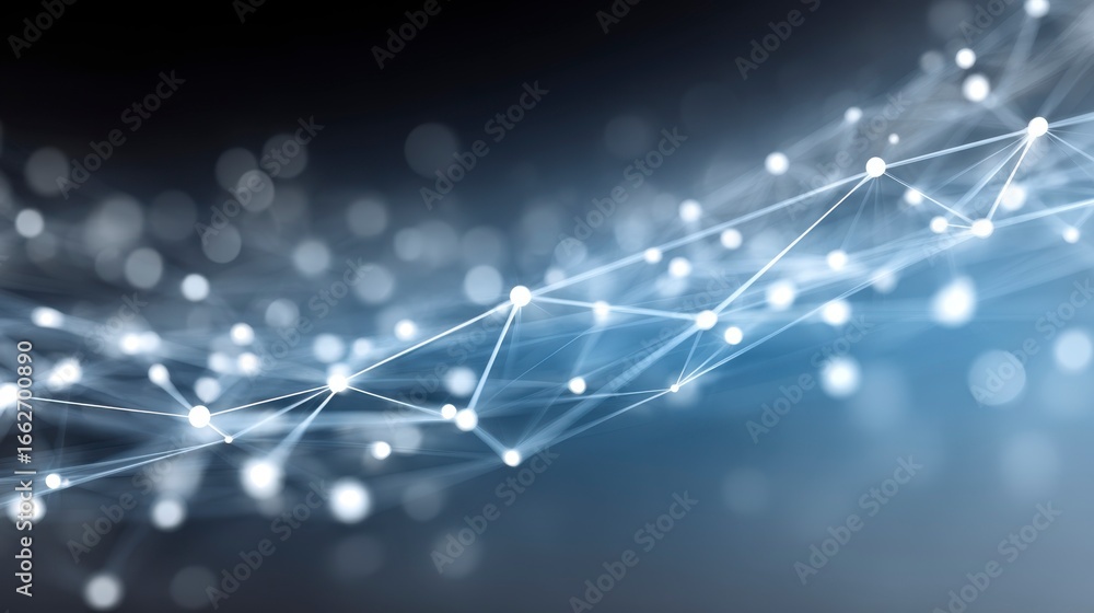 Poster futuristic digital network showcasing glowing blue nodes and interconnected lines on a dark gradient