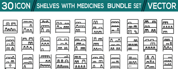 shelves with medicines bundle vector icon