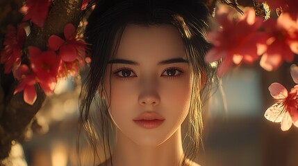 Fototapeta premium Young Woman with Delicate Features Standing Among Blooming Red Flowers 