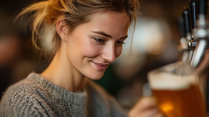 young woman at a bar with a beer, bartender, beer tap