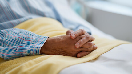Close-up of elderly patient&rsquo;s hands clasped on blanket in hospital bed. 

