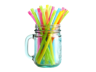 Colorful plastic straws in a glass mason jar, Isolated On White Background, Png Transparent