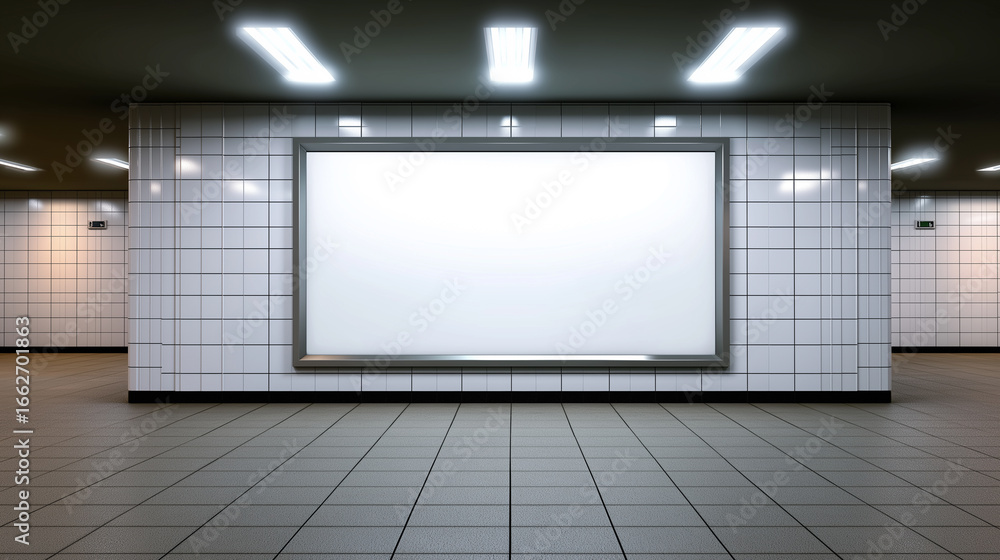Poster blank illuminated billboard in empty subway station.