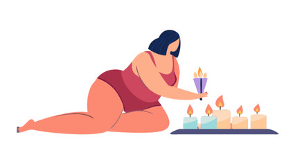 Woman lighting candles relaxation ritual wellness spa body positive self care aromatherapy at home vector art