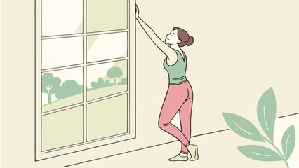 Woman stretching by window at home illustration for wellness exercise and healthy lifestyle concept design vector