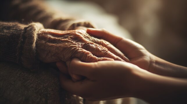 Symbolische Handreichung &ndash; Junge Hand h&auml;lt &auml;ltere Hand f&uuml;rsorglich 
