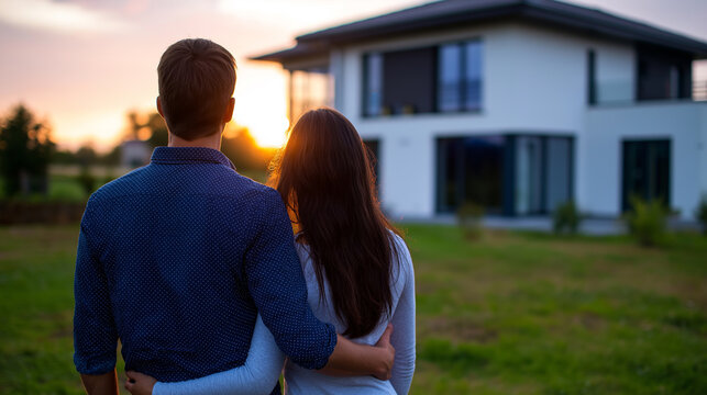 Couple embracing while looking at modern house at sunset.
- Powered by Adobe