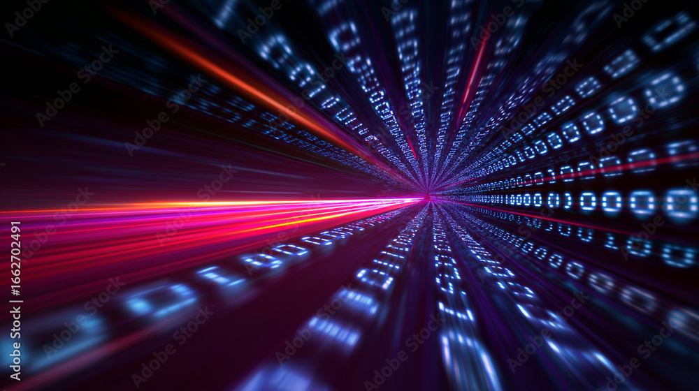 Poster abstract tunnel of glowing binary code representing digital data transfer.