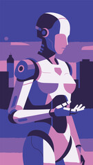 Fototapeta premium A humanoid robot stands in an urban setting as dusk approaches, surrounded by a colorful skyline. The robot appears contemplative, with its hand poised as if considering its next action. The sky refle