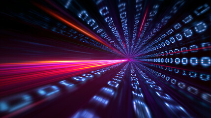 Abstract tunnel of glowing binary code representing digital data transfer. 
