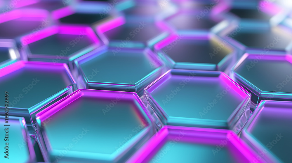 Poster a futuristic hexagonal grid with glowing pink and blue neon lights, creating a modern and high-tech 