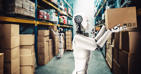 Innovative industry robot working in warehouse for human labor replacement . Concept of artificial...