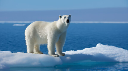 A polar bear standing on a melting ice floe in the Arctic Ocean, highlighting the effects of climate change and global warming.