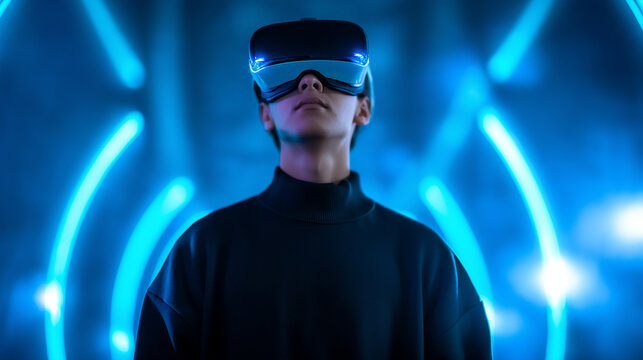 A person wearing a virtual reality headset in a futuristic, neon-lit environment, experiencing immersive digital technology.