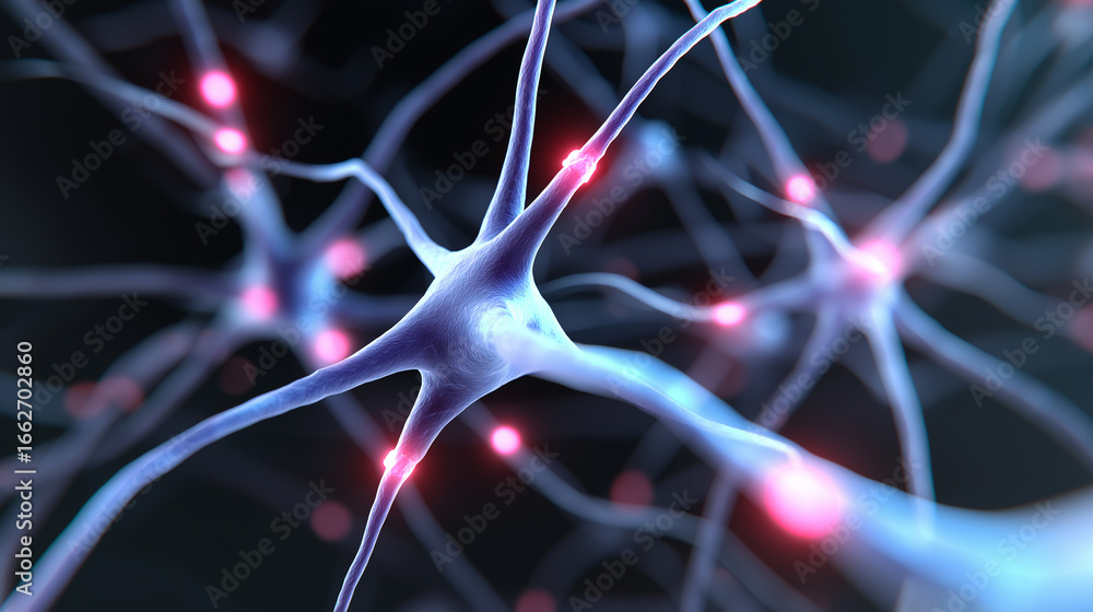 Poster visualization of neural connections and synapses in the human brain, showing electrical impulses and