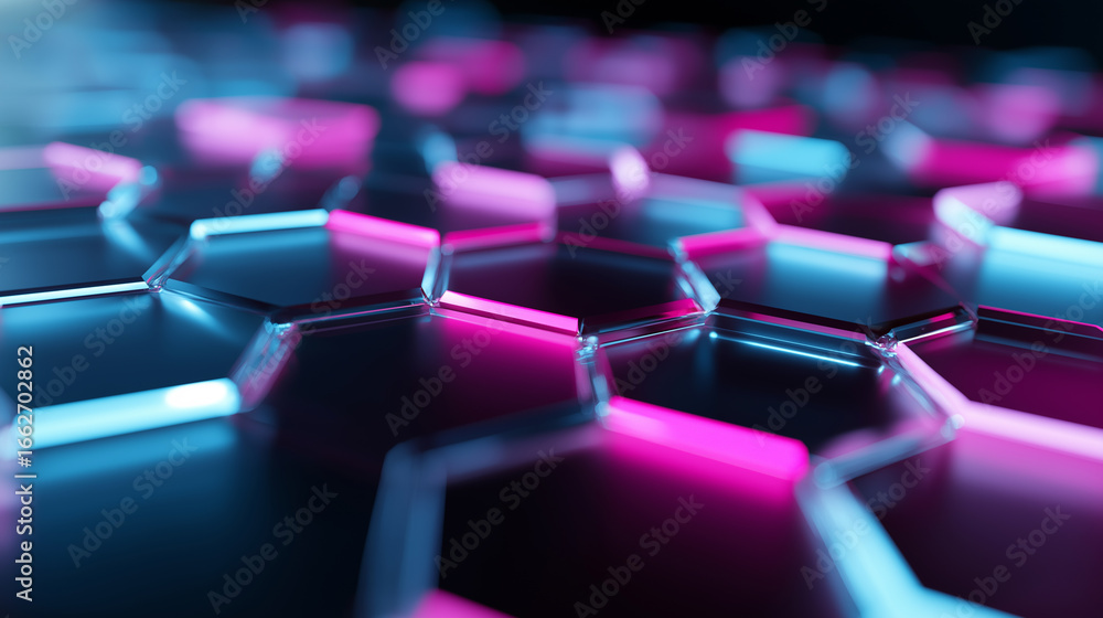 Poster A futuristic hexagonal grid with glowing pink and blue neon lights, creating a modern and high-tech visual pattern.