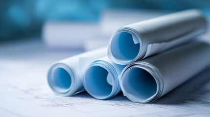 Fototapeta premium Rolled architectural blueprints resting on a construction site surface, with scaffolding and buildings visible in the background.