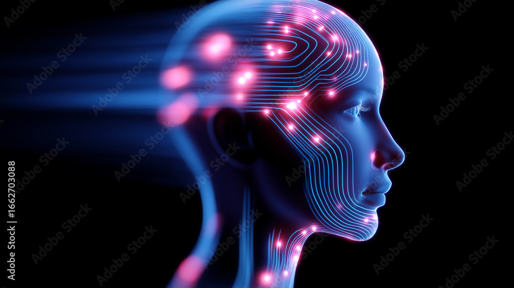 Poster futuristic side profile of a human head with illuminated neural circuits and glowing signals, symbol