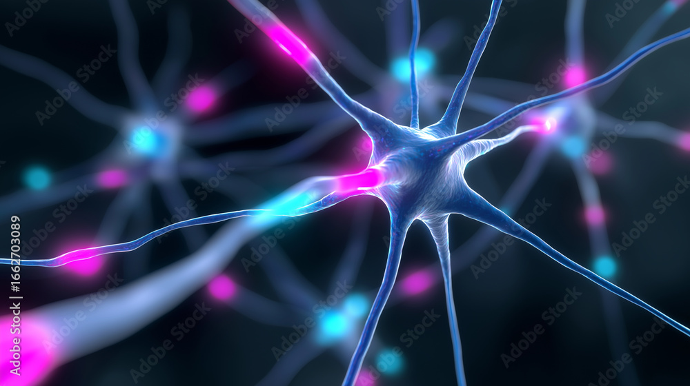 Poster visualization of neural connections and synapses in the human brain, showing electrical impulses and